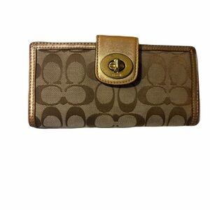 Coach Brown Signature Canvas Wallet with Gold Turnlock